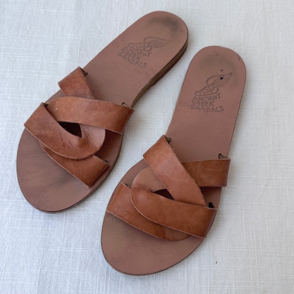 Ancient Greek Sandals Desmos Crossover Leather Strap Slides Tan Brown Size 39
